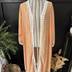 LuLaRoe Womens Kimono Duster Cardigan Sz Lg Orange Abstract w Lace Trim
